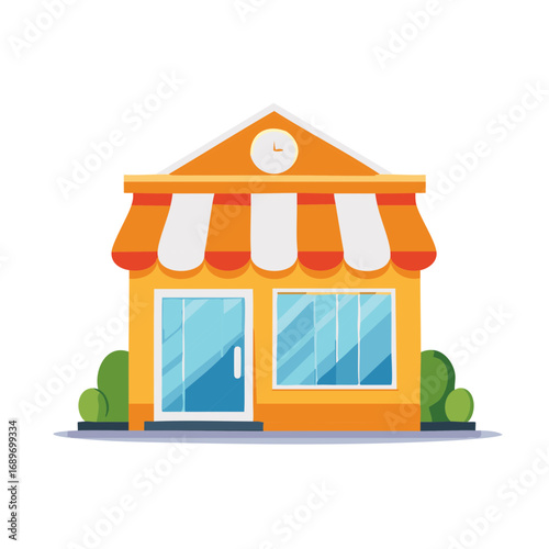 Modern storefront with awning and large windows displaying a clock