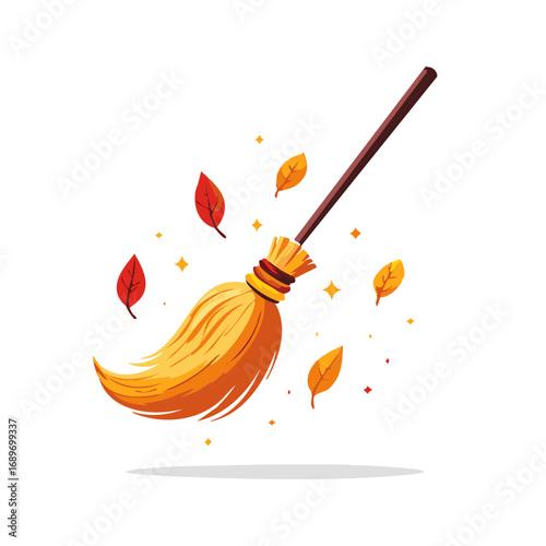 Magical Witch Broomstick Flying with Falling Autumn Leaves and Sparkles Vector Illustration