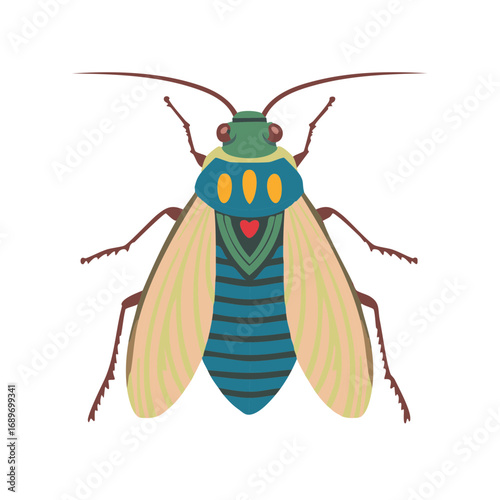 Stylized bug with wings, insect featuring antennae and colorful body