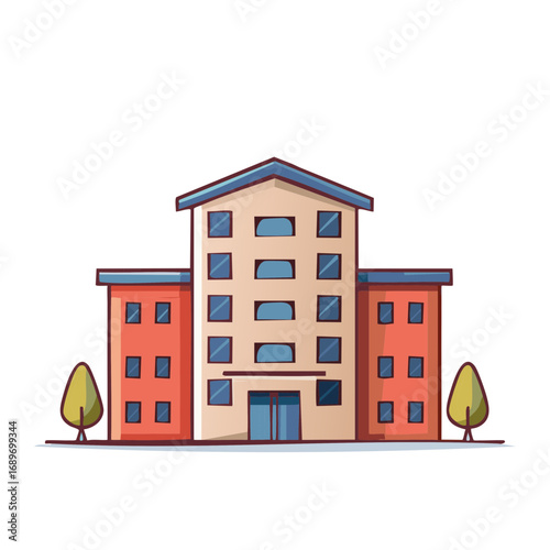 Stylized cartoon depiction of a multi-story building with side wings and two trees