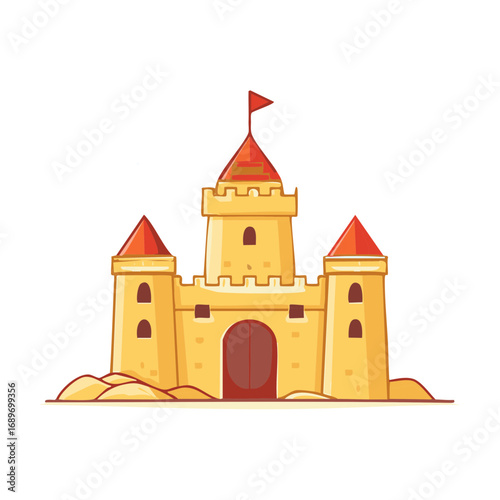 Cartoon illustration of a yellow castle with red flags on top.