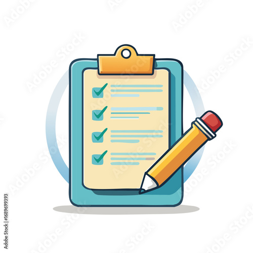 Cartoon Clipboard with Check Marks and Pencil Symbolizing Completion