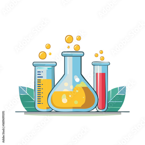 Vibrant illustration of bubbling chemical liquids in a science laboratory flask and test tubes