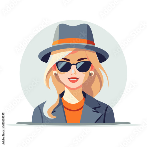 Stylish woman with blonde hair wearing sunglasses, a hat, and a blazer in an illustration.