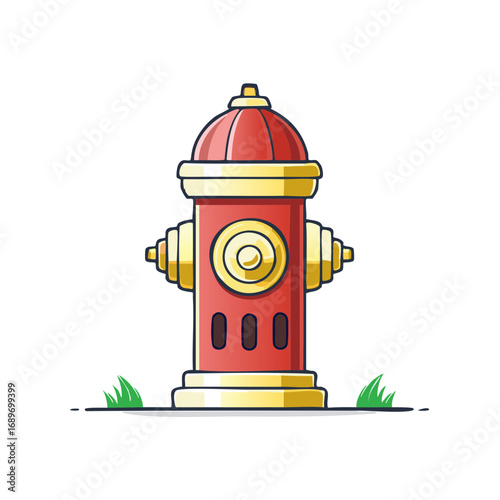 Colorful red fire hydrant with shiny gold details and green grass patches illustration