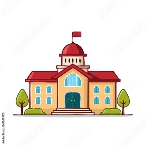 Illustration of a Red Roofed School Building with Trees and Shrubs Outside