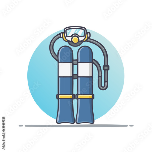 Cartoon illustration of scuba diving equipment on a blue circular background