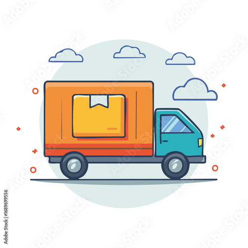 Delivery Truck Delivering Package Box with Clouds in Sky Illustration