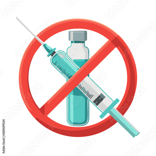 No vaccination concept illustration. Crossed out syringe and vaccine vial