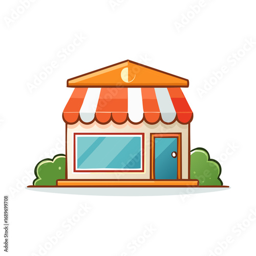 Cartoon store building with awning door window and green bushes on white background