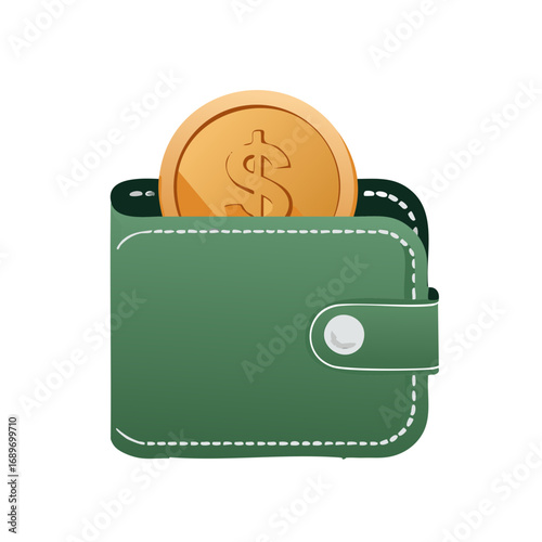 Green wallet with a gold coin showing a dollar sign on a white background