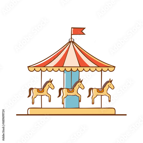A carousel with wooden horses and striped canopy, funfair merry-go-round for children