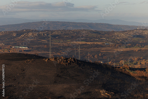 Cualedro, Galicia, Spain - September 02th 2025 - Burnt landscape after the wave of wildfires that devastated the southeast of Galicia during the month of August.