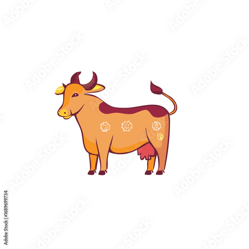 Vibrant orange cow illustration with decorative floral patterns, stylized farm animal