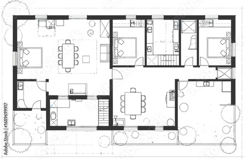 Modern residential house floor plan with detailed interior layout, top view architectural drawing, living space blueprint, black and white furniture layout illustration