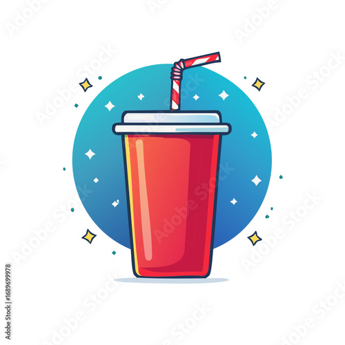Vibrant red soda drink cup with striped straw on a sparkling blue circle background illustration