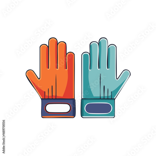 Illustrated pair of work gloves in blue and orange with line details and dark cuffs, designed for hand protection during labor
