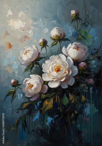 impressionistic oil painting of white peonies in thick, expressive brushstrokes on abstract background. contemporary modern floral artwork, for elegant interior decor and fine art prints