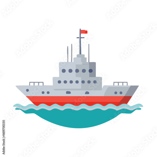 Cartoon illustration of a cruise ship floating on the sea with waves, a red flag and a minimalist design.