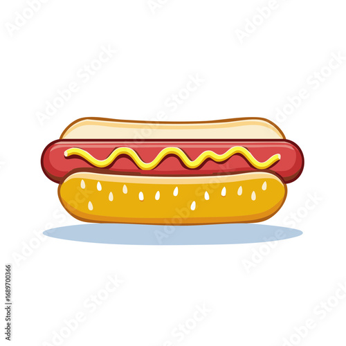 Delicious hot dog with mustard in a bun illustration, classic fast food snack