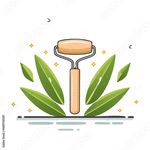 Natural skincare face roller with green leaves, health and wellness illustration