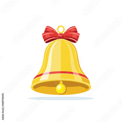 Golden Christmas Bell With Red Ribbon Bow Festive Decoration Celebration Icon