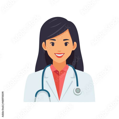 Vector Portrait of Smiling Female Doctor with Stethoscope Wearing a White Lab Coat