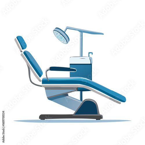 Dental Examination Chair with Overhead Light System in Blue and Gray Tones for Patient Care, Equipment for Oral Health Checkups