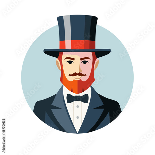 Dapper bearded gentleman in a stylish top hat and bow tie vector illustration