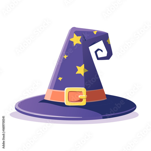 Cartoon purple witch hat with golden buckle and scattered yellow stars, perfect for magic and Halloween