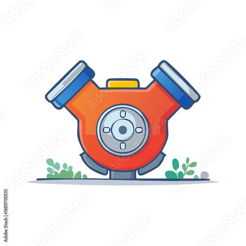 Cartoon Engine Illustration with Valves and Gears on Grass