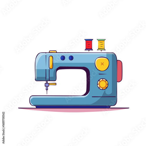 Illustration of a blue sewing machine with thread spools for textile and clothing projects, a cartoon style for sewing, tailoring crafts