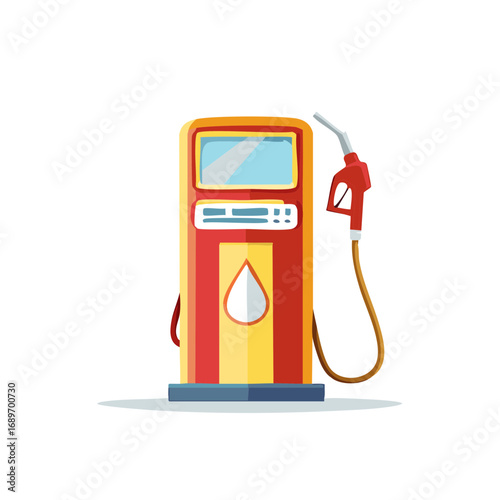 Illustration of a colorful vintage gas pump, with nozzle and fuel drop symbol.