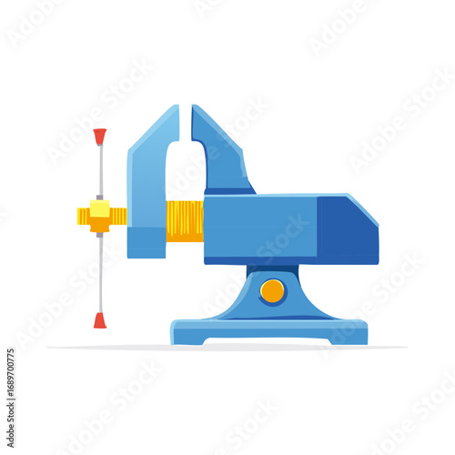 Blue metal bench vise tool flat vector illustration for workshop and carpentry