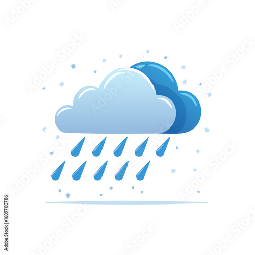 Cartoon rain cloud with falling raindrops and small light blue stars