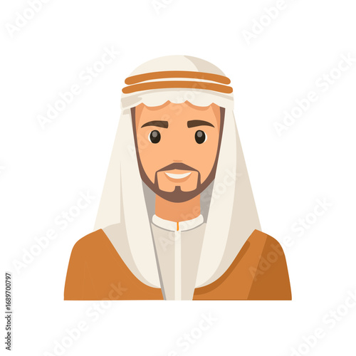 Smiling man wearing traditional Middle Eastern clothing and headscarf