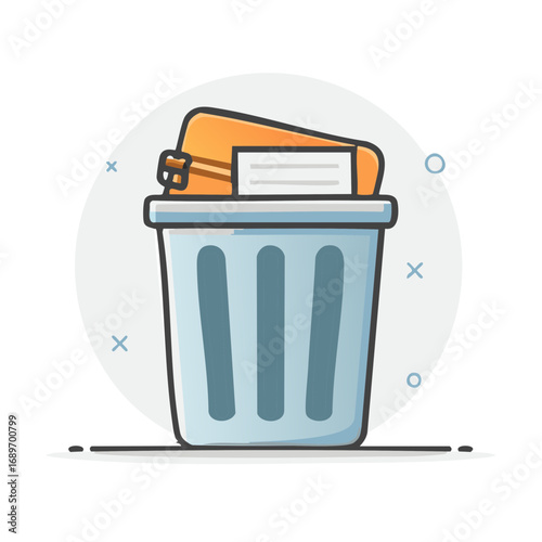 Cartoon trash can with orange folder and white paper document inside