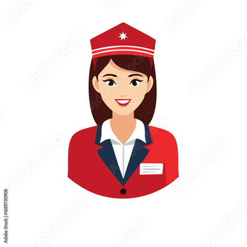 Smiling Air Hostess in Red Uniform with Hat Vector Illustration Graphic