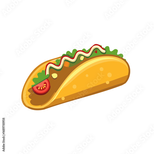 Cartoon illustration of a delicious taco with various fillings, perfect for food-related designs.