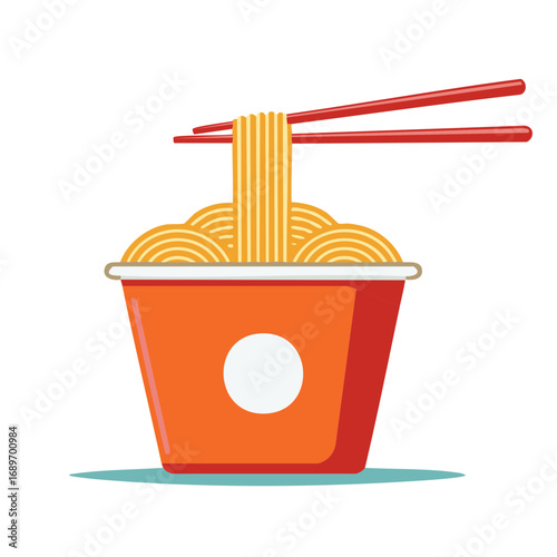 Delicious instant ramen noodles served in an orange cup, being eaten with red chopsticks, flat vector illustration.