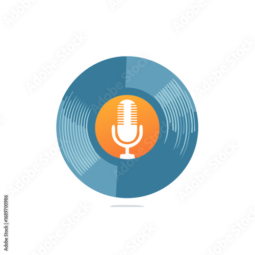Retro microphone on a blue vinyl record representing audio production and podcasting
