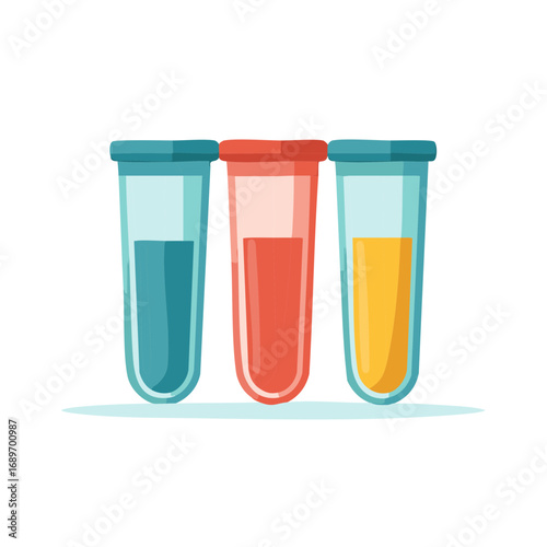 Three laboratory test tubes with colorful liquids in a row representing science and research
