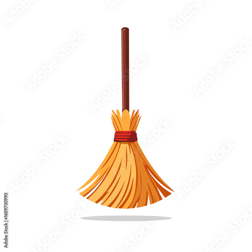 Cartoon illustration of a broomstick with straw bristles for witches and Halloween