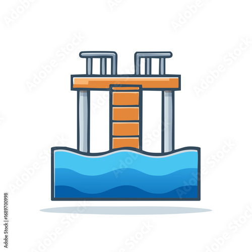 Diving platform structure with stairs above rippling blue water stylized illustration