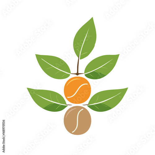 Stylized coffee plant branch with leaves, ripe cherry, and roasted bean icon