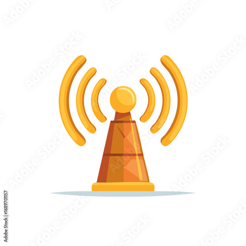 Illustration of a cartoon network tower with signal waves emitting outwards, digital design.