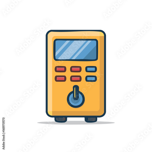 Cartoon illustration of a digital voltage meter in yellow with buttons and a power switch