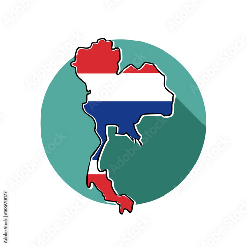 Thailand Map Outline in Flag Colors on Teal Circle Graphic Illustration