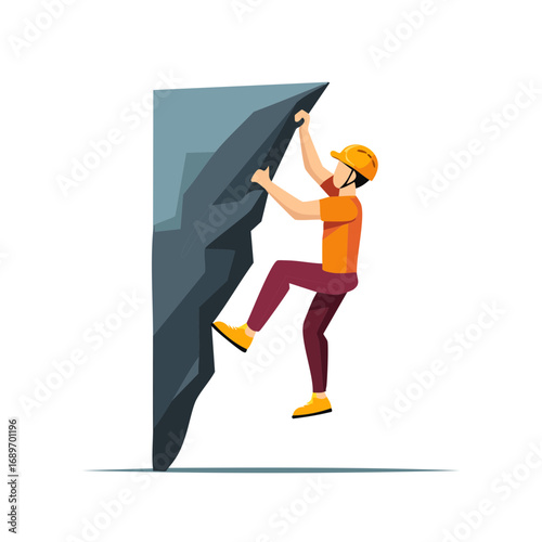 Male climber with helmet scaling a steep rock face showcasing strength and adventure