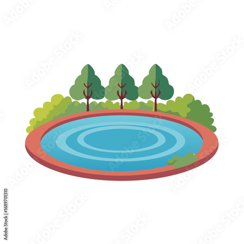 Cartoon pond with trees and bushes along side isolated on white plain landscape element park nature design illustration
